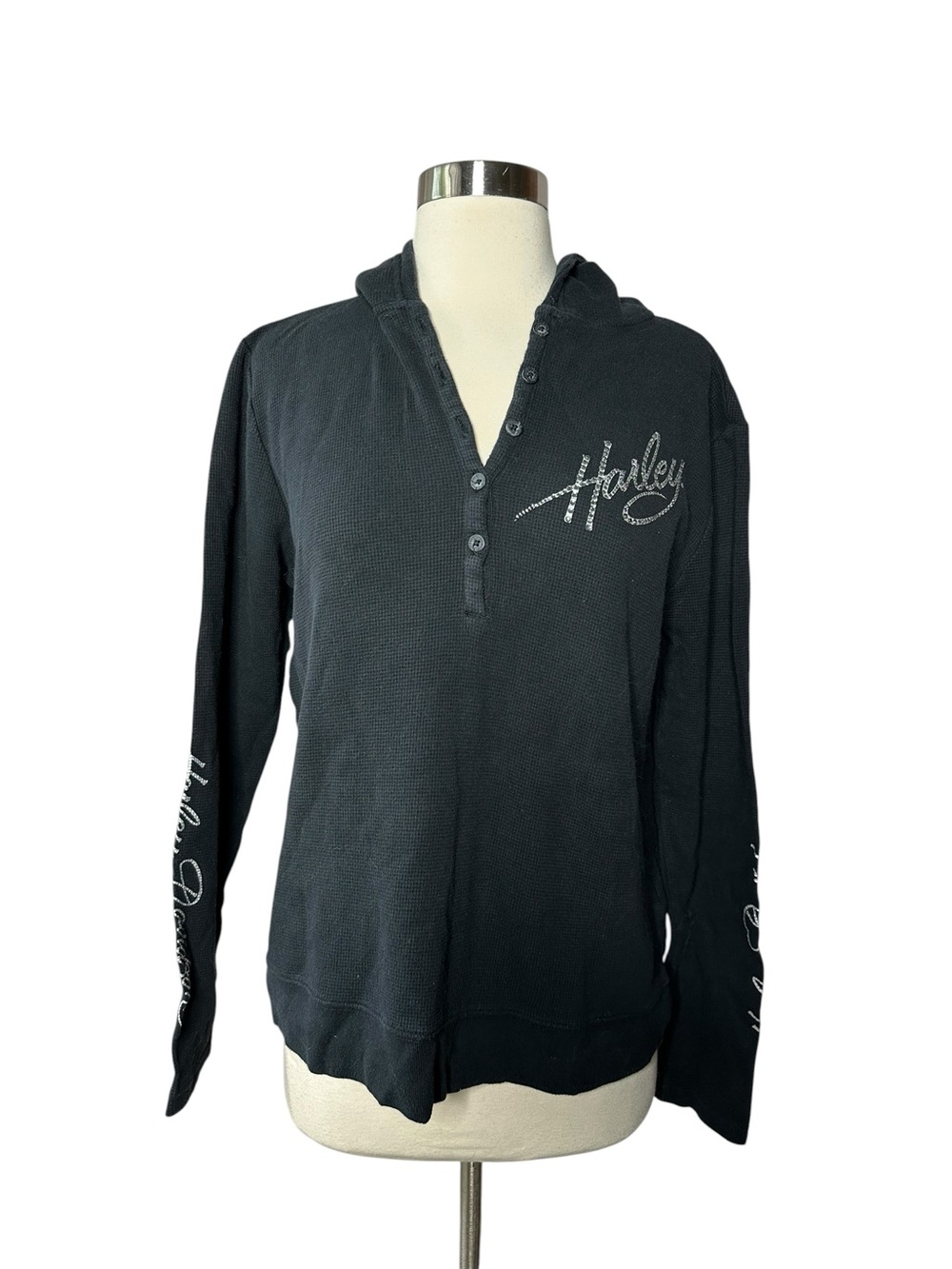 Harley Davidson Black rhinestone thermal hoodie shirt XL